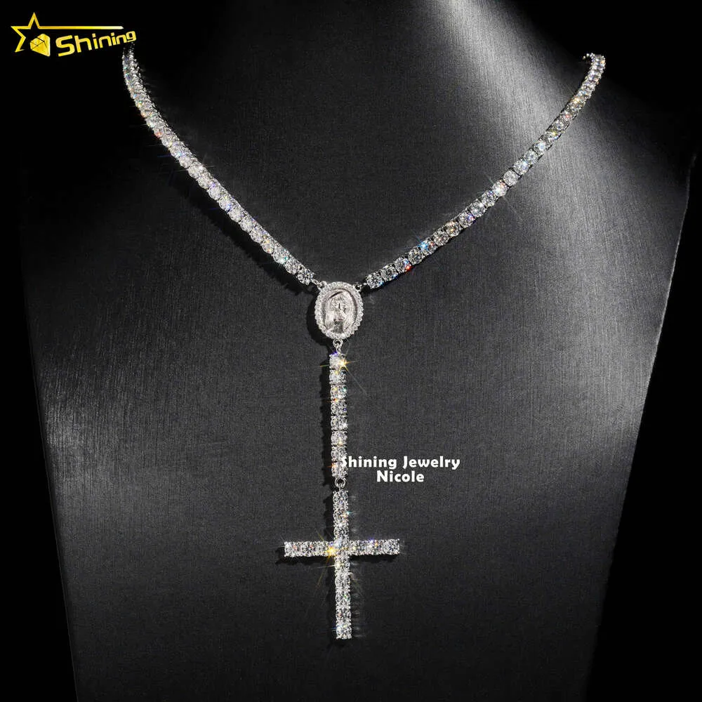 المصمم المجوهرات الساخنة بيع S925 Hip Hop Fashion Trendy D VVS Moissanite Diamond 4mm Rosary Cross Necklace 925 Silver Tennis Chain