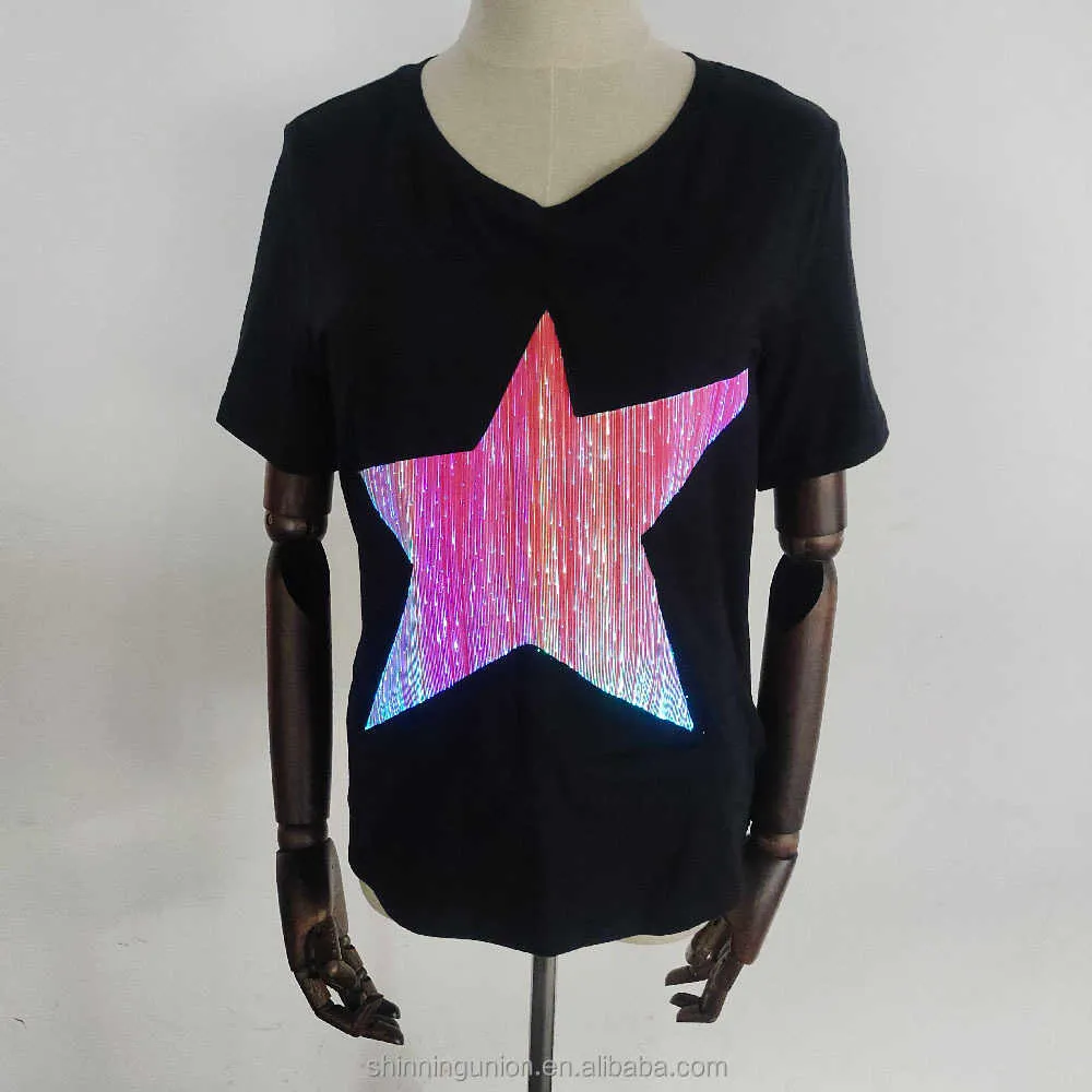 T-shirt à fibre optique LED pour femme - T-shirt à col en V pour femme - T-shirt extensible noir lumineux