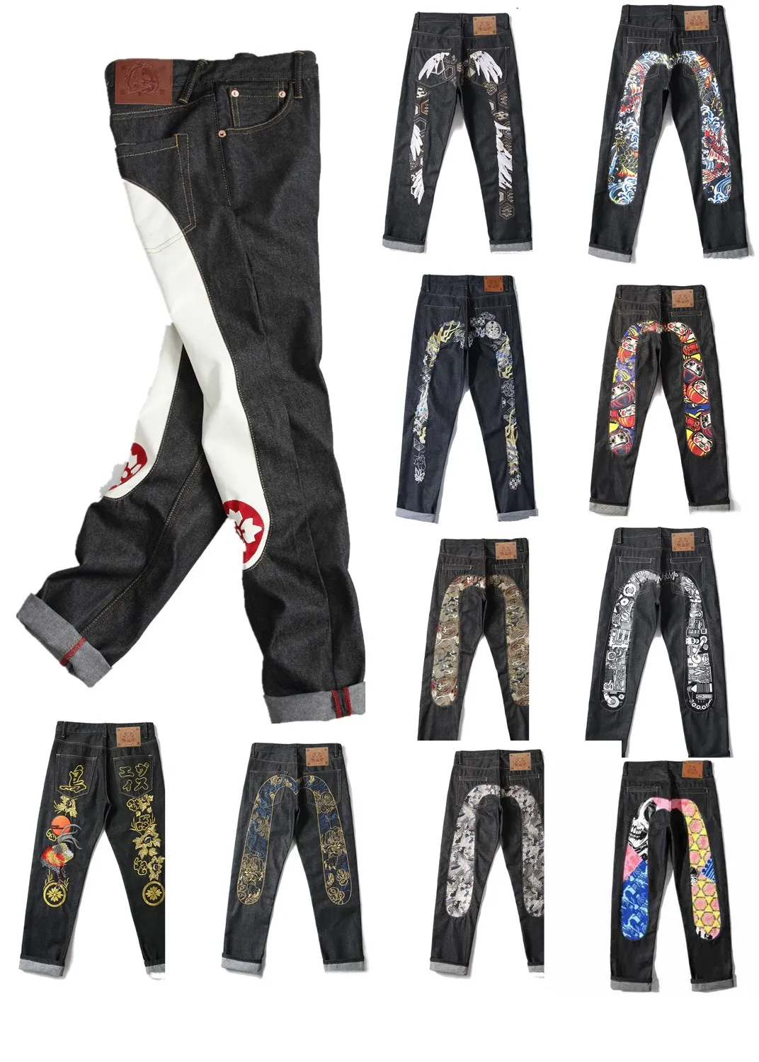 Evisuujeans Designer dżinsy dla męskich prostych dżinsów szkielet haftowe jeansowe dżinsowe spodni w trudnej sytuacji Black Blue Buggy Dżinsy Długie spodnie FGH67