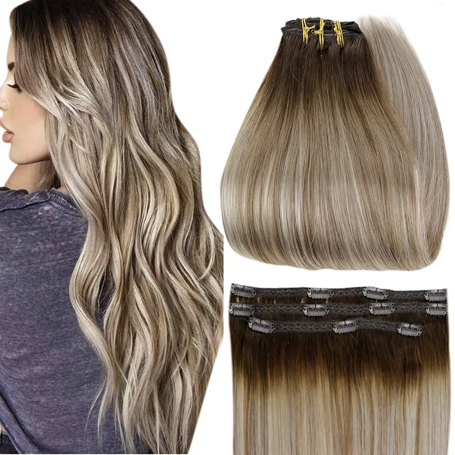 Extensions Full Shine 50 Grams Clip on Hair Extensions 3pcs Balayage Color 100% Remy Real Human Hair 3 Pieces Hairpins Skin Weft For Women