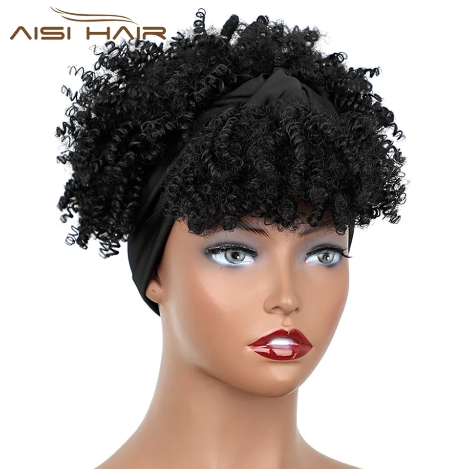 Perucas aisi cabelo sintético kinky encaracolado chignon com franja curto cordão rabo de cavalo para mulheres afro bun grampo de cabelo na frente hairpieces