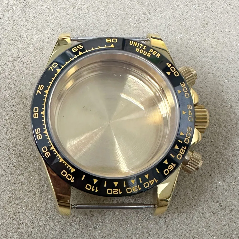 Uhrenzubehör PVD-goldenes 39-mm-Präzisionsstahlgehäuse mit schwarzem Ringmund und blauem Saphirglas, nur für VK63-Quarzwerk geeignet