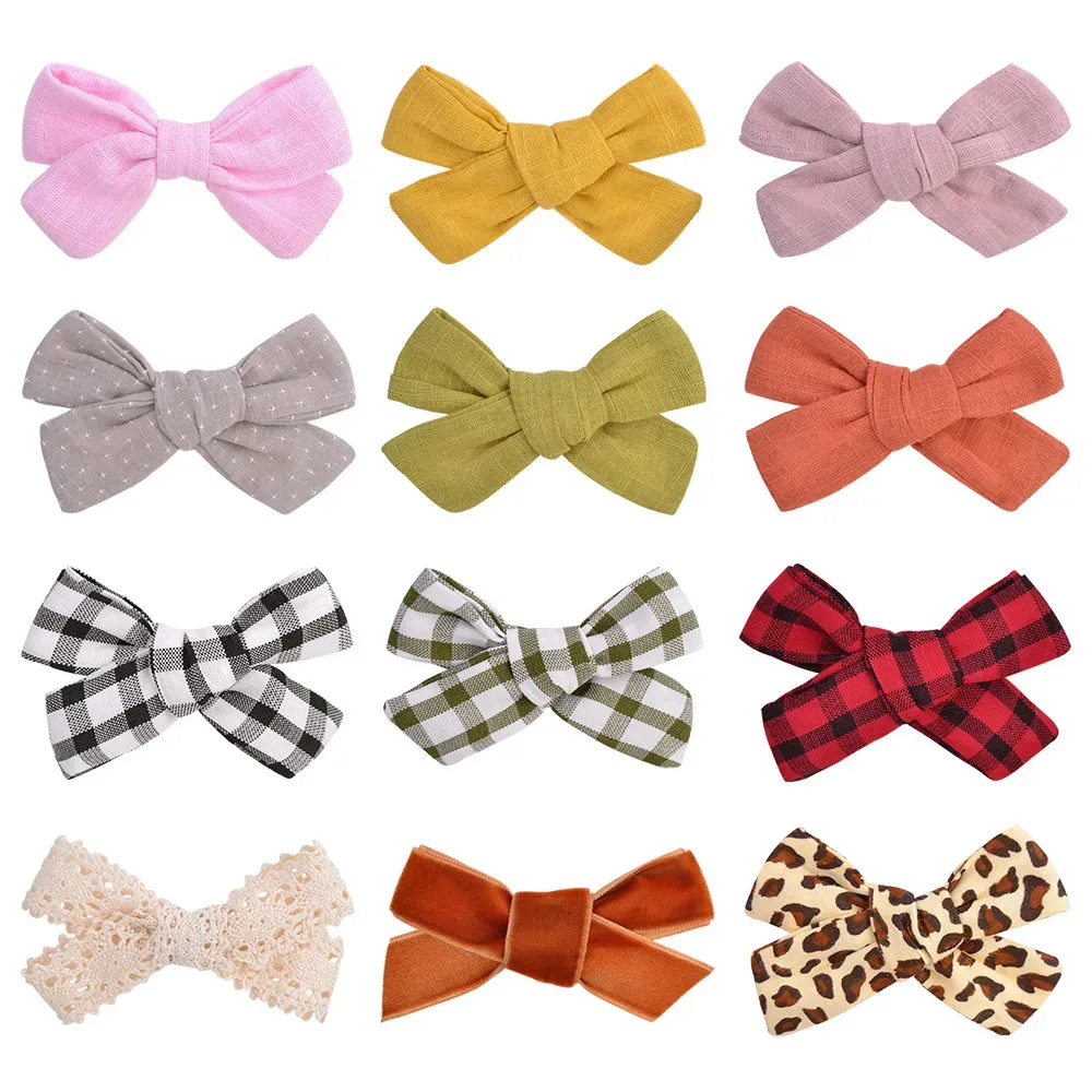 Baby Girls Bowknot Hairpins Boutique Barrette Cotton Cloth Bow Clippers Kids Grid Alligator Clips Children Toddler Hair Accessories 12 Colors