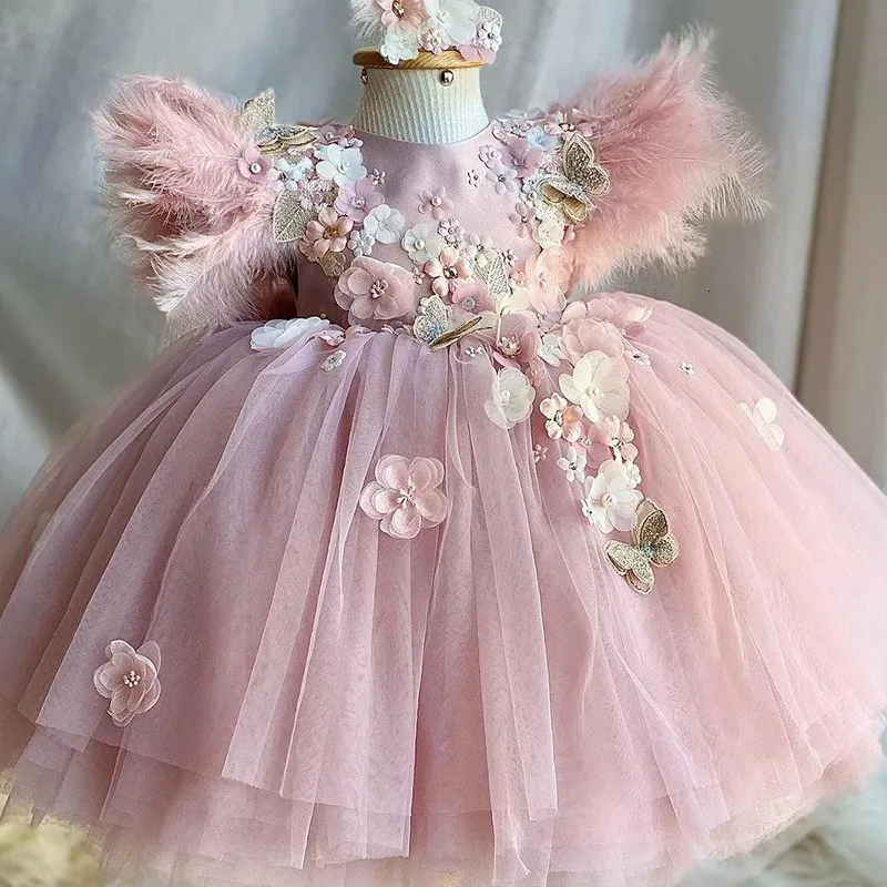 Childrens Formal Dress Flower Girl Wedding Fluffy Gauze Feather Lolita Princess Skirt Girls Dresses for Party Ball Gown 240309