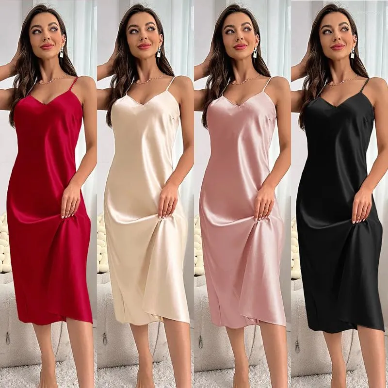 Damen-Nachtwäsche, weiblich, langes Straps-Nachthemd, intime Dessous, sexy Chemise, Spaghettiträger, Nachthemd, Satin, Homewear, Loungewear