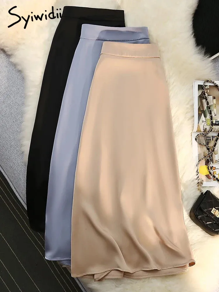 Syiwidii saias longas de cetim de seda pretas para mulheres elegantes senhoras uma linha com zíper traseiro faixa elástica moda coreana saia midi de luxo 240321