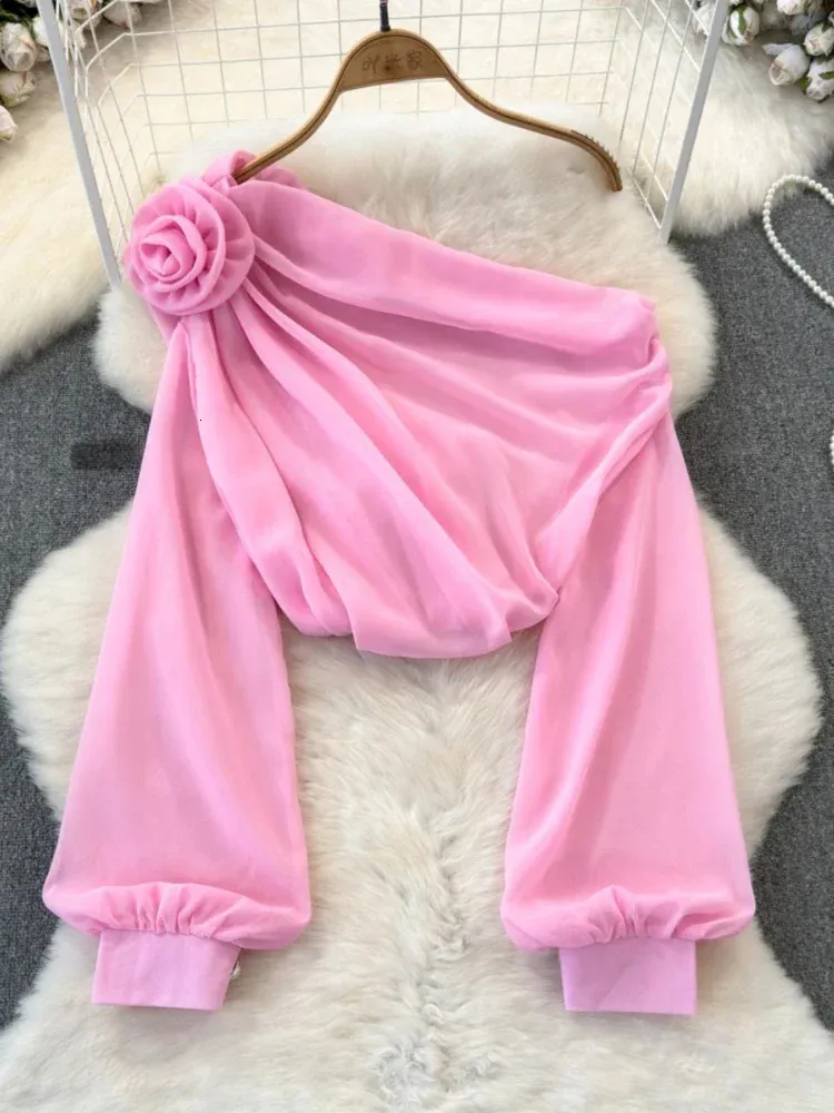 Летняя прозрачная блузка с открытыми плечами розовые женские топы Франция с рукавами-фонариками 3D цветочный модный офисный женский шифон 240320