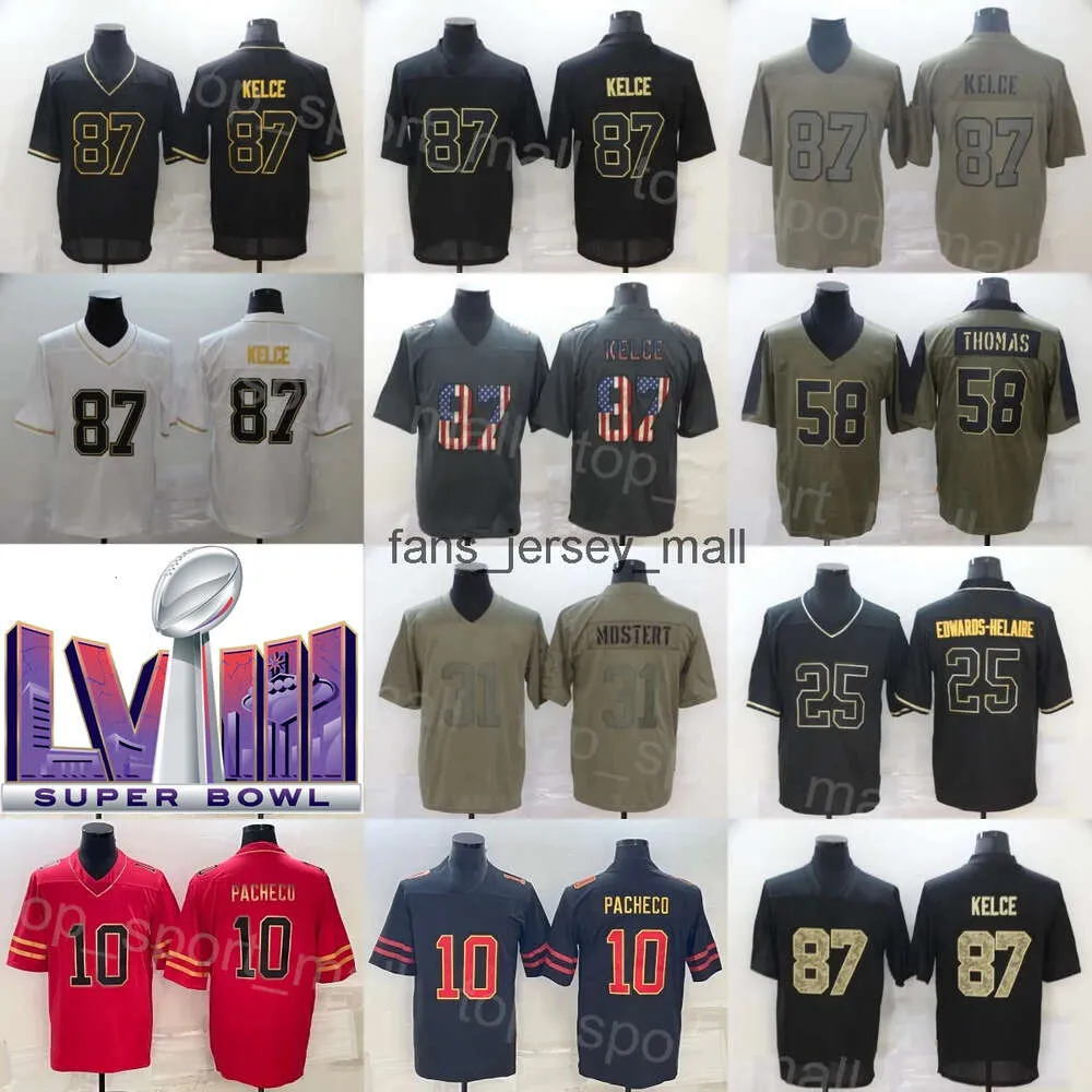 Man Super Bowls Football 10 Isiah Pacheco Jersey 25 Clyde Edwards-Helaire 32 Nick Bolton 87 Travis Kelce 58 Derrick Thomas Vintage Olive Salute to Service Embroidery