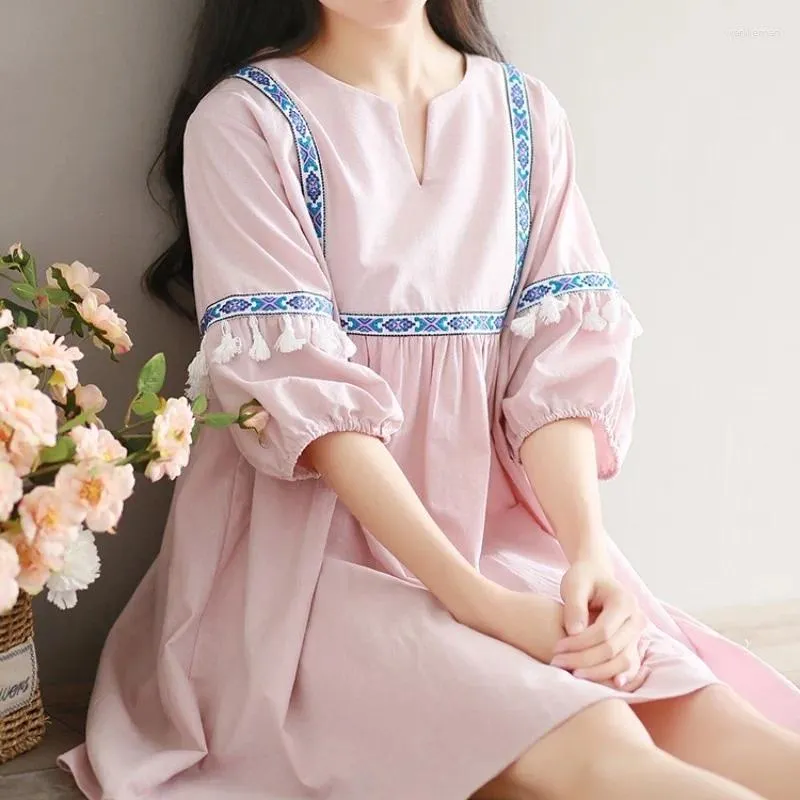 Party Dresses Loose Female Fit Cotton Linen Shout Dress Lantern Half Sleeve Casual Simple Women Harajuku Tassel Pink Blue Summer