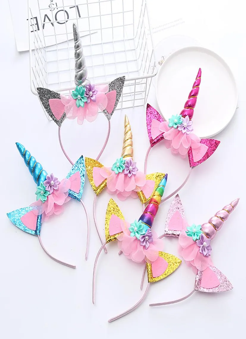 Neonate Corno di animali Unicorno Bastoncini per capelli Accessori per capelli Principessa pizzo Tulle Fiore Decorazione di perle Fascia per bambini Copricapo per feste e6735556