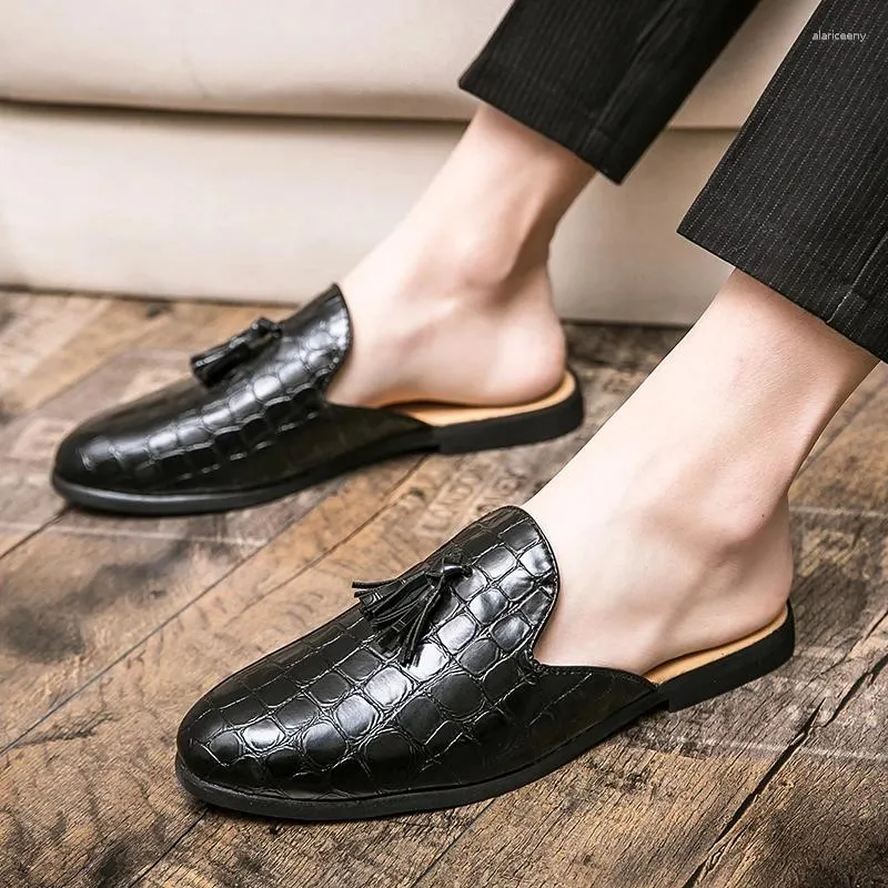 Sapatos casuais preto couro de patente crocodilo mules designer de moda masculina marca de luxo pull-on chinelos 38-45