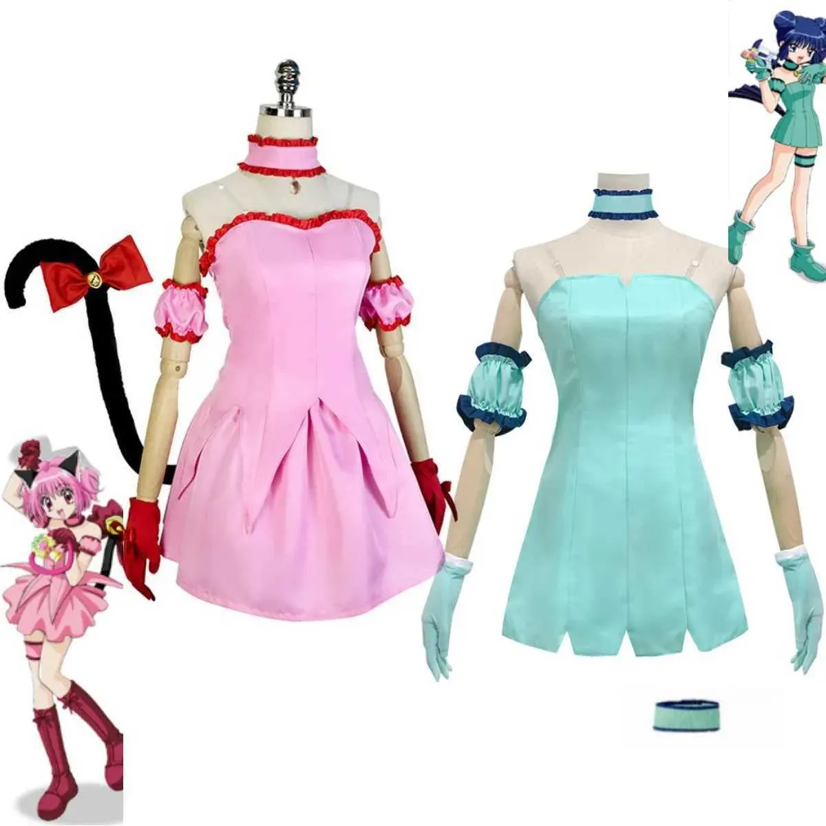 cosplay Costumes d'anime Tokyo Meow Comics Minto Aiza jeu de rôle robe rose vert menthe Momomiya Ichigo jeu de rôle menthe Aiza vêtements Anime rôle PlayC24321