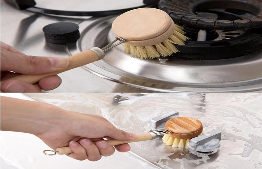 Naturligt trä Långt handtag Pan Pot Brush Dish Bowl Washing Cleaning Brush Hushåll Kök Rengöringsverktyg8587359