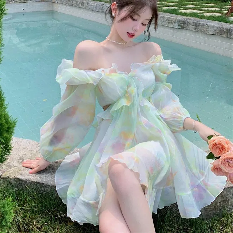Sukienki swobodne kwiatowe mini kobiety francuska bajka słodka sukienka Lotus liść wakacje z długim rękawem 2024 letnie impreza plażowa vestidos