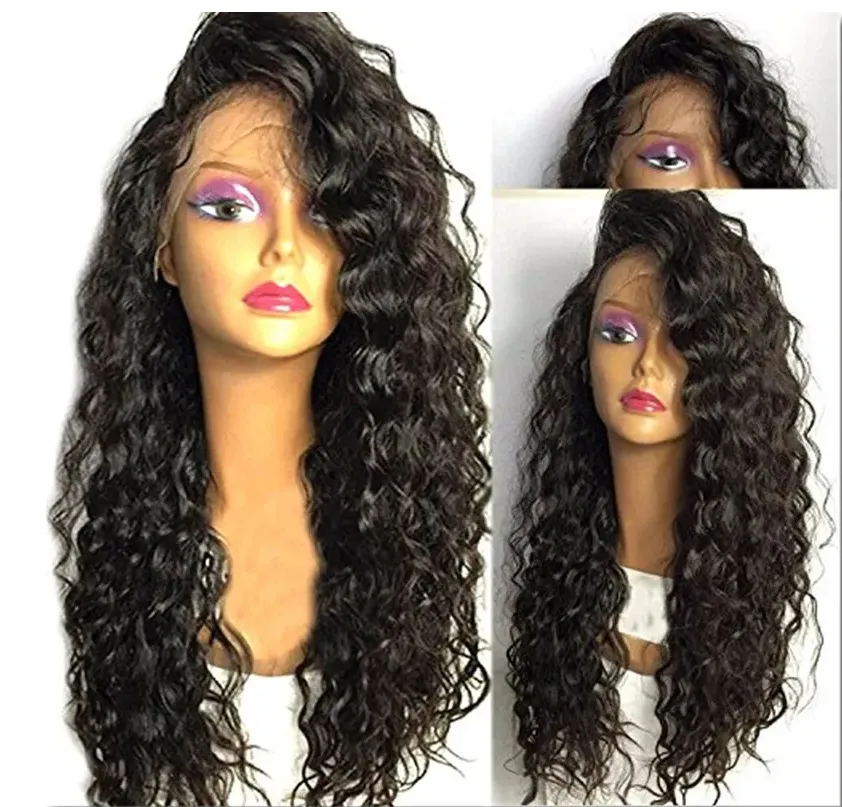 180 Ddensity Curly Simulation Свободные парики с глубокими волнами Мягкие парики из натуральных волос на кружеве спереди для женщин Черные бесклеевые длинные вьющиеся волны Термостойкие волокна Синтетические парики на шнурке