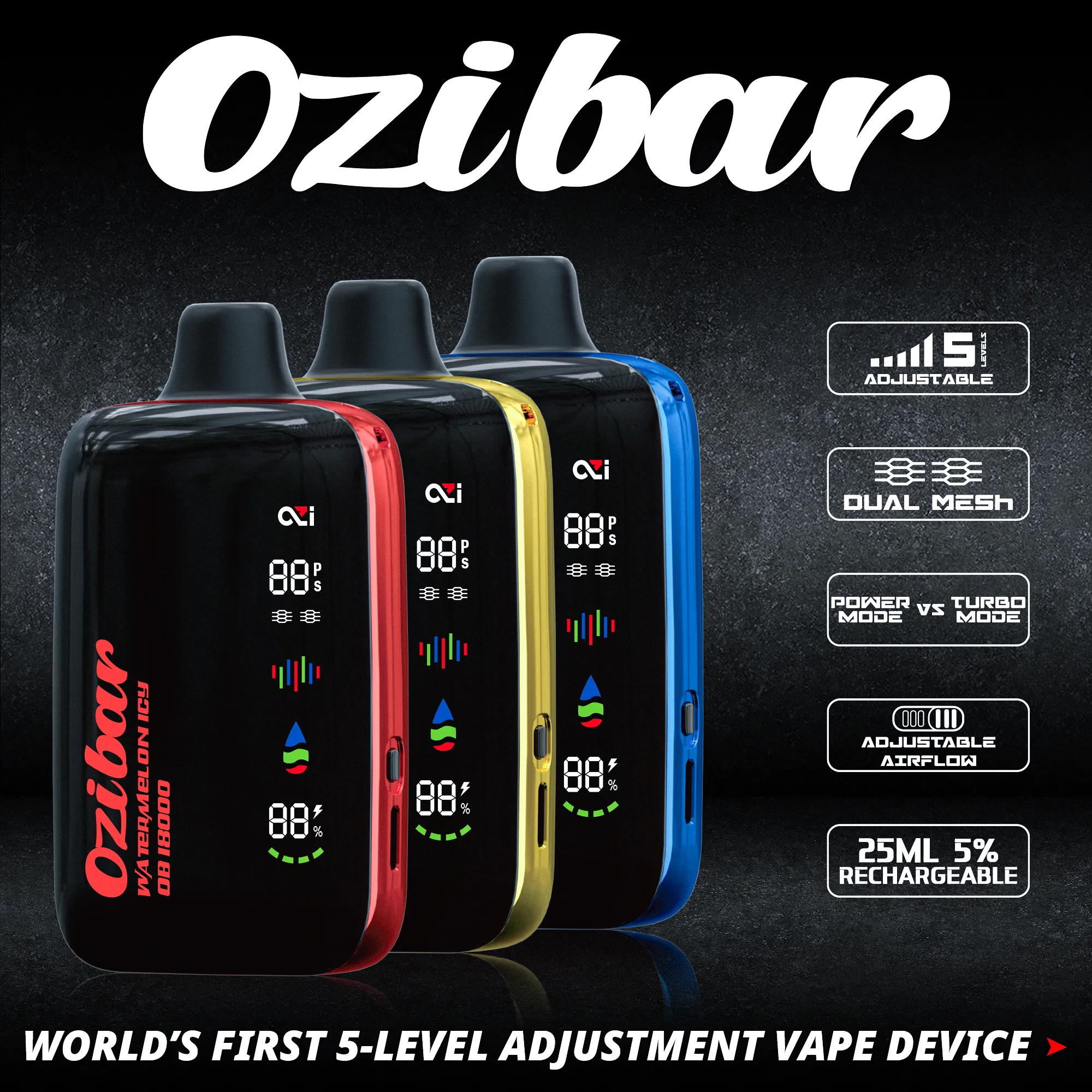 Gem Bar Pulse 15000 Puff 15K Ozi Bar 18000 Puff 18k Vape Device Full Screen Display Dual Mesh Coil 14 Flavors 5レベルの調整メロソ使い捨て電子タバコUSA電子タバコ