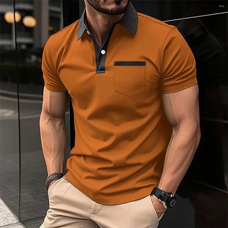 Herenpolo's Contrastkleurig poloshirt Casual T-shirt met ronde hals Pullover-top met korte mouwen en zakken