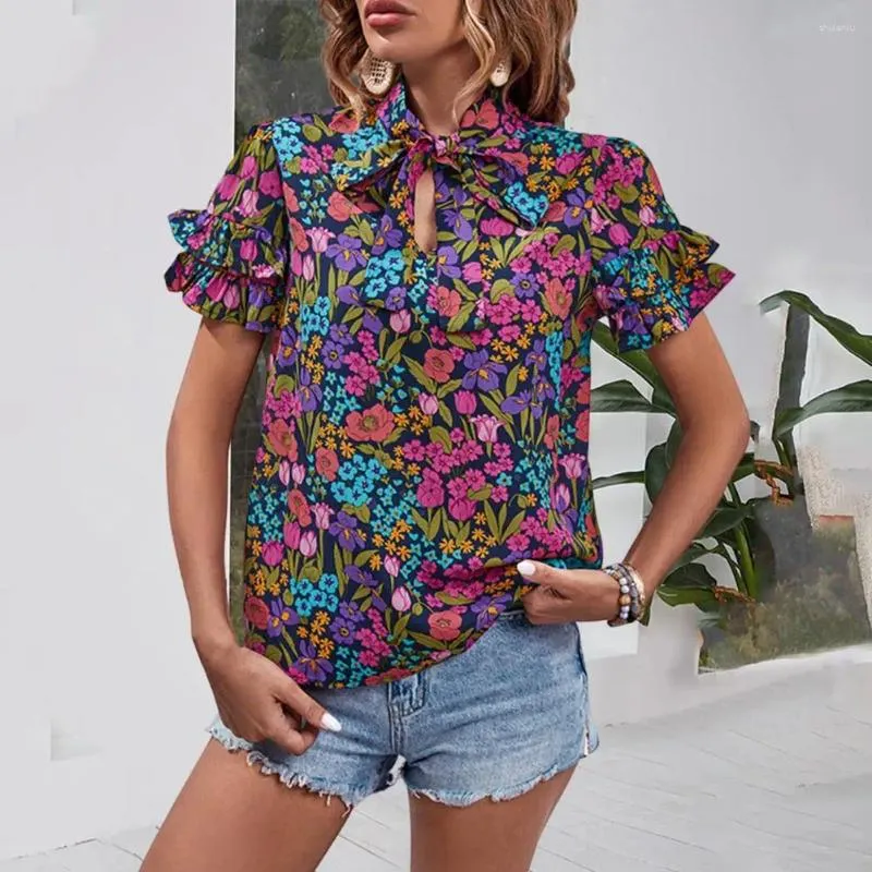Women's Blouses Soft Stretchy Blouse Stylish Summer Tops Stand Collar Ruffle Sleeve Ethnic Floral Print Pullover Shirt For Her