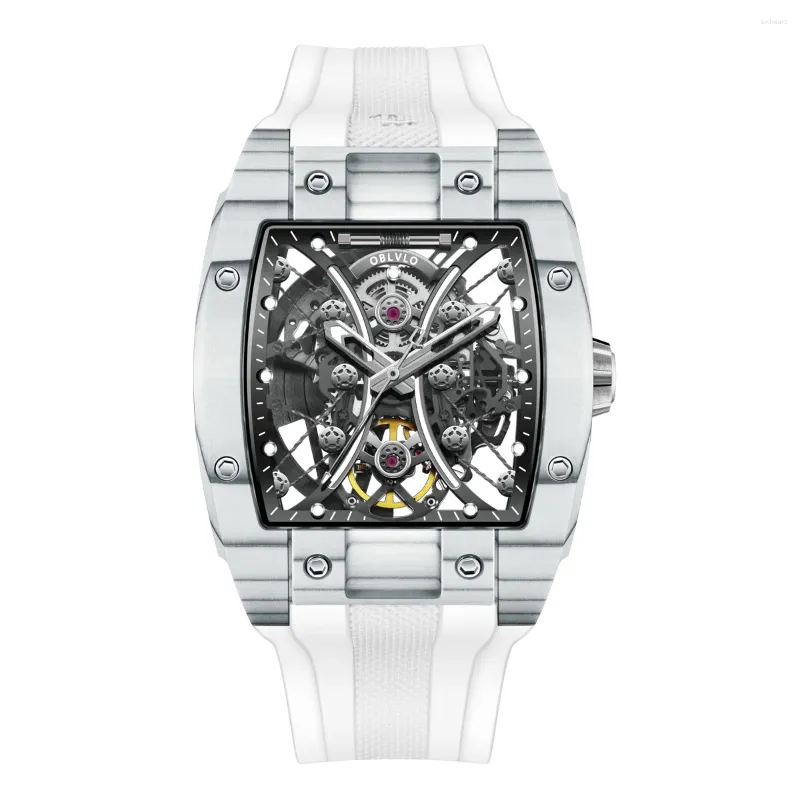 Horloges OBLVLO Heren automatisch horloge Luxe horloges Mechanisch horloge Tonneau skelet wijzerplaat 50M waterdicht saffier rubberen band