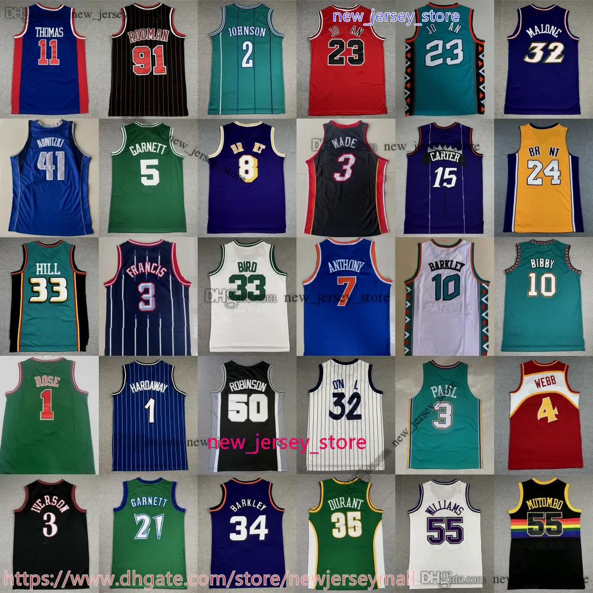 Classic Vintage Basketball Bryant Jersey Carter Iverson Garnett Bird Michael Rose Rodman Hill McGrady Bibby Ewing Nash Williams Duncan Payton Kemp Durant Malone