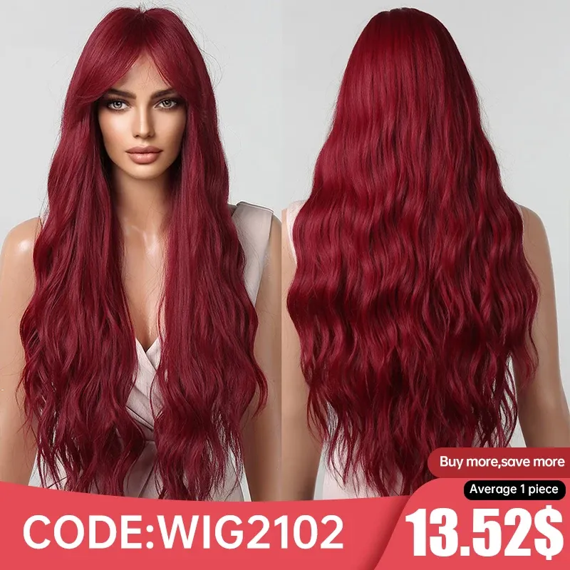 Wigs Long Curly Wine Burgundy Red Synthetic Wigs with Long Bangs for Women Afro Deep Wave Cosplay Party Natural Hair Heat Reisitant