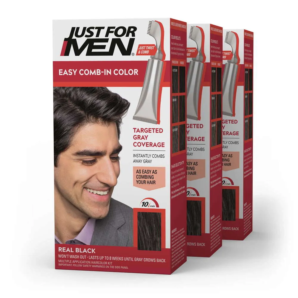 Color de cabello para hombres Just for Easy Comb-in con aplicador, negro real, A-55, paquete de 3