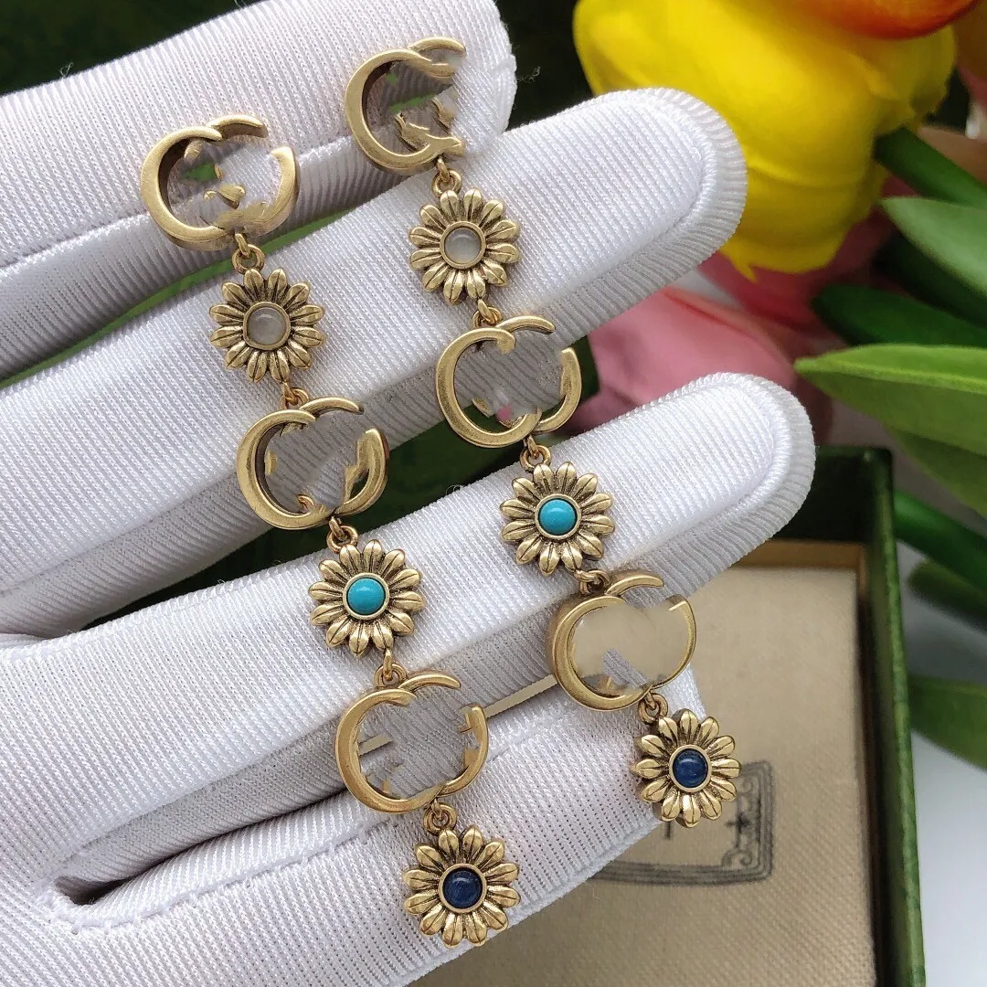 Hot Luxury Brand Jewelry GG Vintage Women's Bronze Flower Stud Earrings