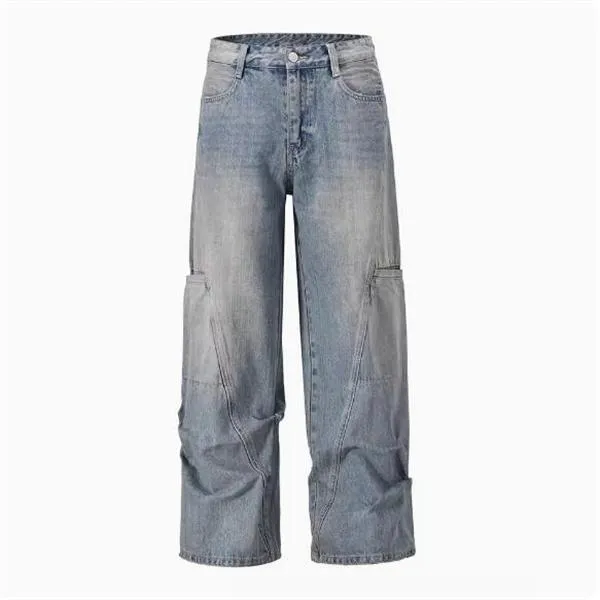 Washed Jeans Pants for Men Women Heavy Water Wash Pocket Wide Leg Trousers