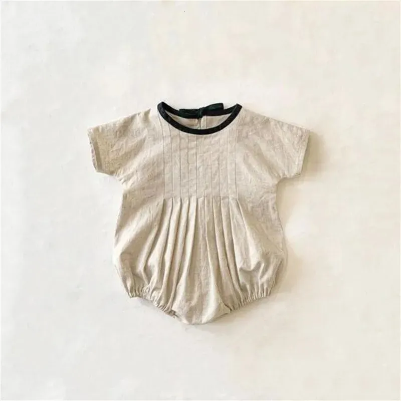 Nascido bebê menina verão moda bowknot bodysuit criança menino sólido algodão linho macacão infantil outfits 240318