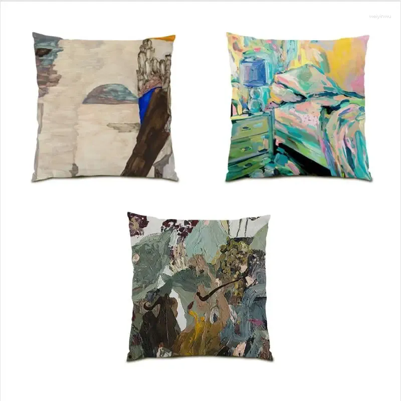 Oreiller décoratif créatif polyester lin coloré taie d'oreiller velours canapés pour salon peinture à l'huile couverture 45x45 cadeau E1068