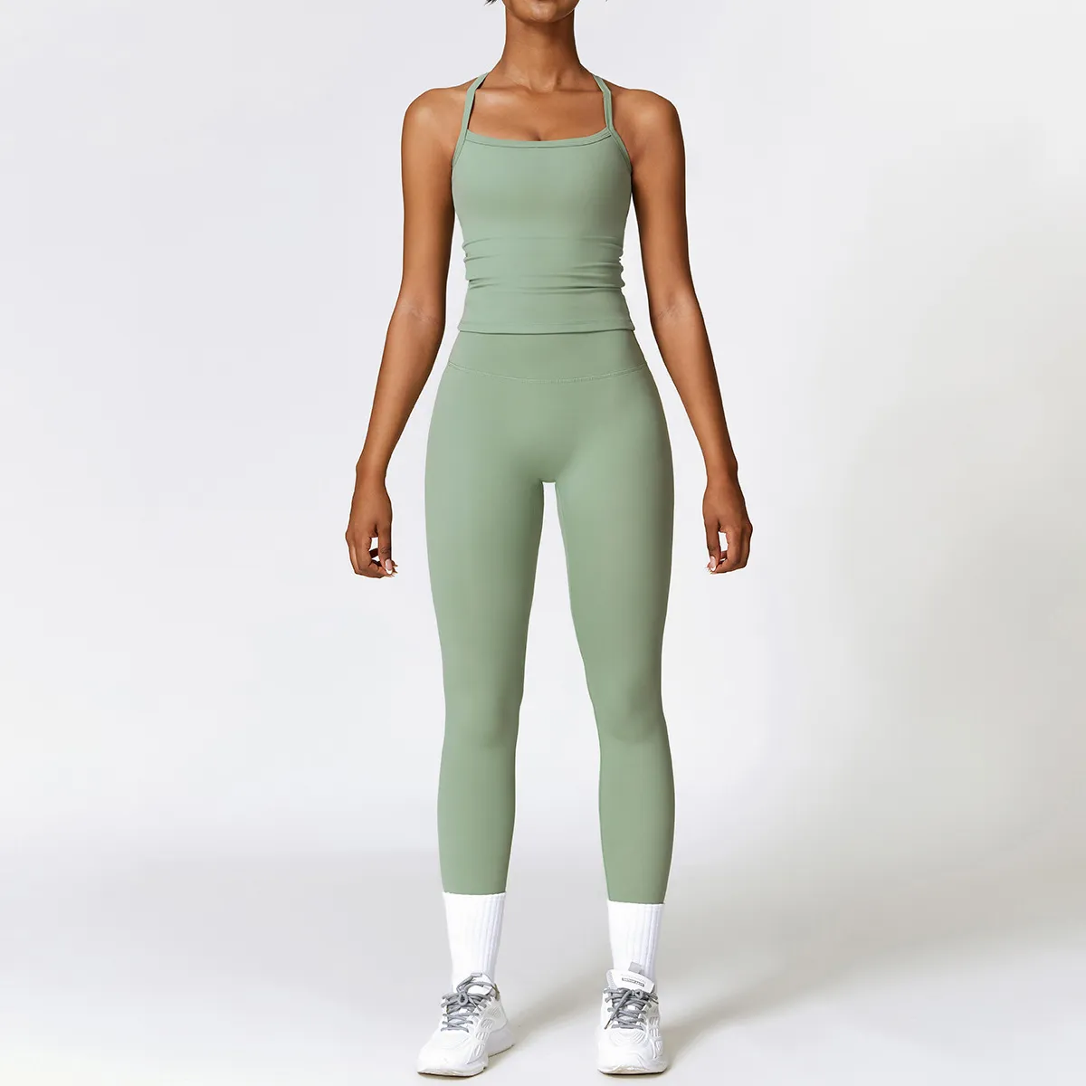 al Women Yoga Two-piece Set Short Running Tank Top+ Long Pant Solid Color Sports Bra With Fitness TZ8519