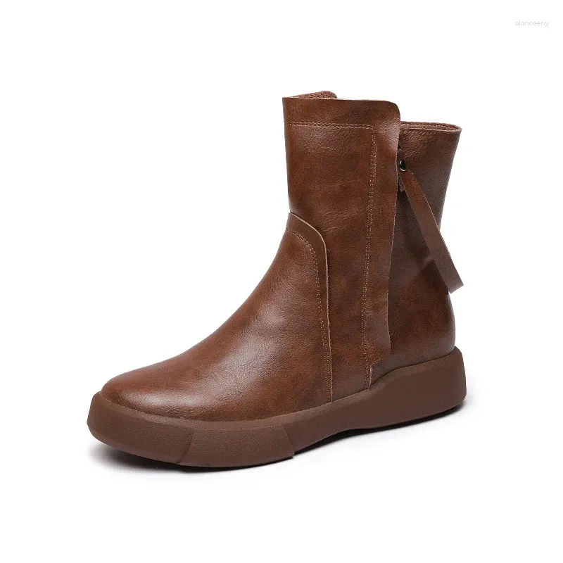 Stiefel Echtleder Damen Britischer Stil Schnee Weiblich Herbst Winter Reißverschluss Flache Knöchelschuhe Rutschfest Weicher Samt Warm Snug