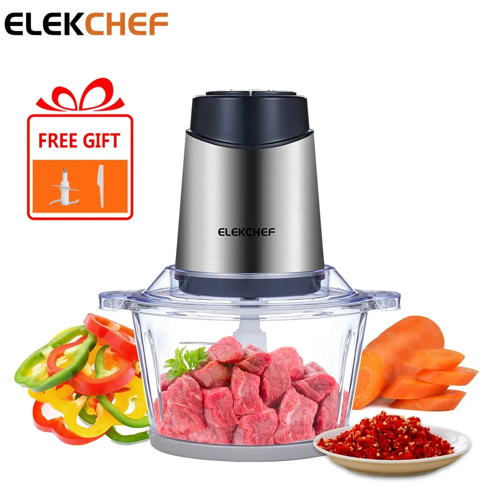 Kvarnar ELEKCHEF Electric Food Processor Chopper Två hastigheter 1,8L Glass Bowl Blender Köttkvarn för babyfood Grönsaker Lök Vitlök