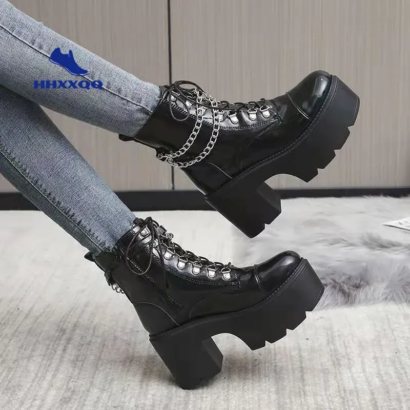 Sandaler Winter Gothic Punk Womens Platform Stövlar Black Strap dragkedja Creeper kilar Skor Midkalv Militära stridsstövlar Kvinnor