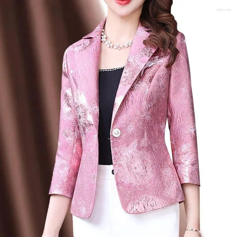 Women's Suits S-3XL Women Blazer Jacket Flower Print Three Quarter Sleeve Slim Loose Spring Summer Autumn Middle Age Mother Plus Size Pink
