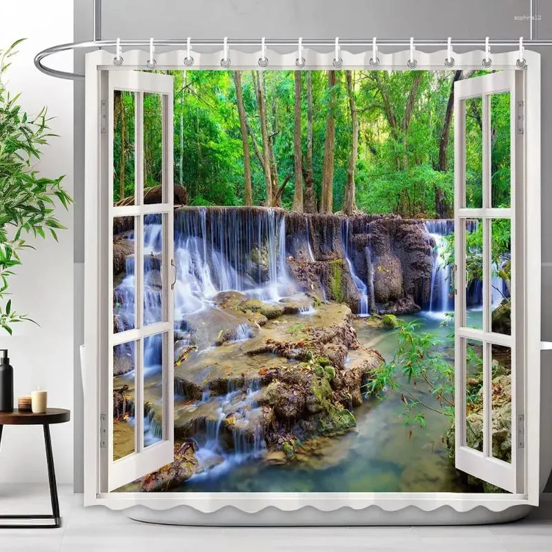 Cortinas de chuveiro cortinas tropicais Cortina da floresta tropical cachoeira Flores da primavera florestal Natureza Decoração de banheiro de tecido