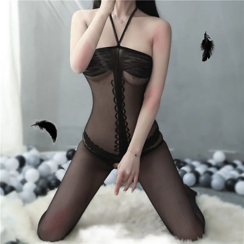 Mesh Stockings Passion Temptation One-piece Sexy Set With Underwear Hanging Neck See-through Uhtkg