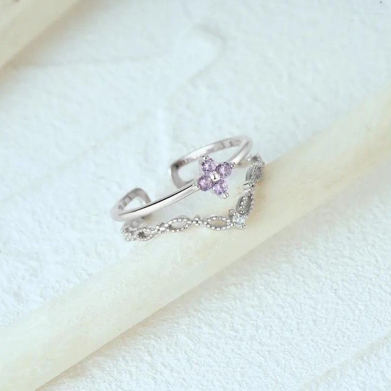 Кольца кластера CANNER Простое кольцо с фиолетовым цветком и цирконом, стерлинговое серебро S925, женская мода, двухслойное, темпераментное, с открытым орнаментом для рук