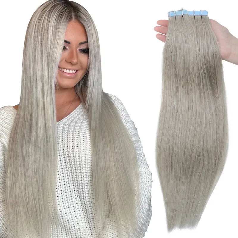 Extensions #SILVER Ash Grey Tape In Hair Extensions Human Hair Natural Straight Hair Extension 16 18 inches 20pcs/pack