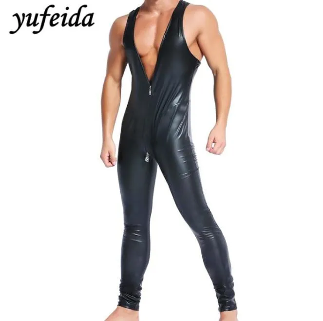 Mens Jumpsuit Romper Long Pants One Piece Bodysuit Black Faux Leather Pu Wrestling Singlet Leotard ärmlös väst underkläder8943918