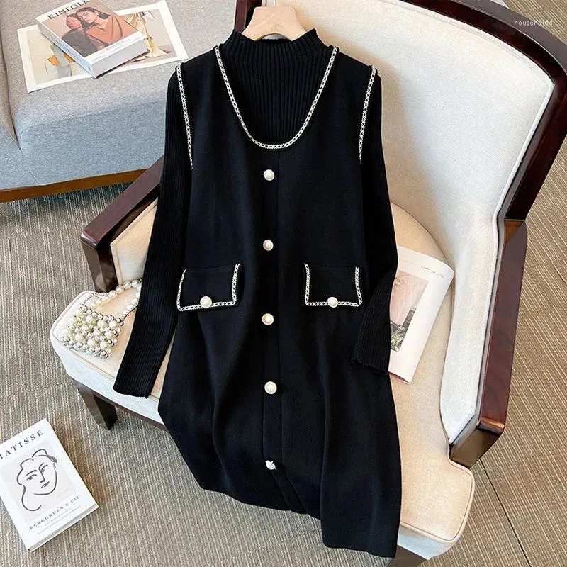 Work Dresses Large Size Women's Set Spring And Autumn Suit Female Fashion Knitted Sweater Single Breasted Dress Two-piece