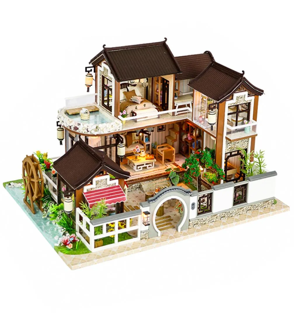 CUTEBEE Casa delle bambole in miniatura Casa delle bambole fai da te con mobili Casa in legno Countryard Dwelling Toys Per bambini Regalo di compleanno 13848 Y1691614