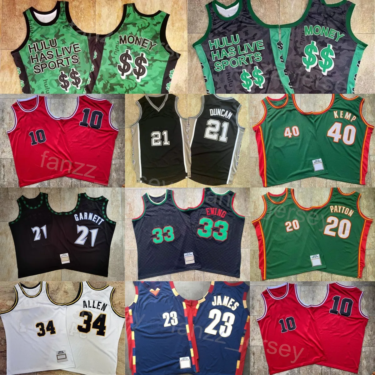 Authentic 1991 1992 1995レトロバスケットボールGary Payton Jerseys 20 Vintage Shawn Kemp 40 Ray Allen 34 Money 2 Tim Duncan 21 Patrick Ewing 33 Lebron James 23 Kevin Garnett