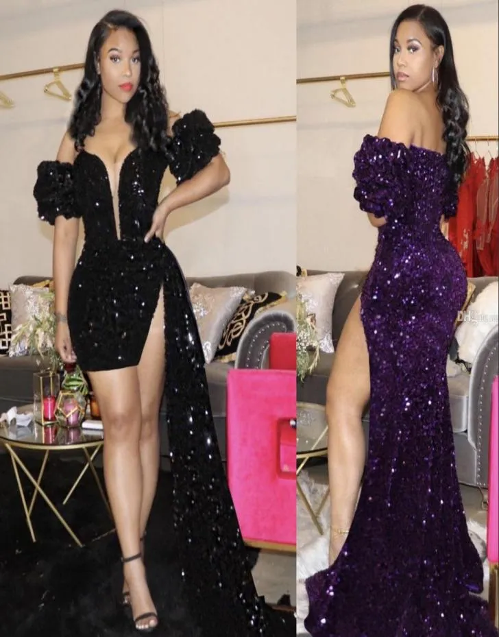 2021 Sexy Arabic Cocktail Dresses Off Shoulder Keyhole Sequined Lace Black Purple Red Short High Low Detachable Overskirts Party D2912940