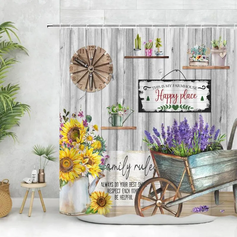 シャワーカーテンスプリングフローラルカーテンファームバタフリー水彩素朴な木製板バタフライバードハウスヒマワリ植物浴室の装飾
