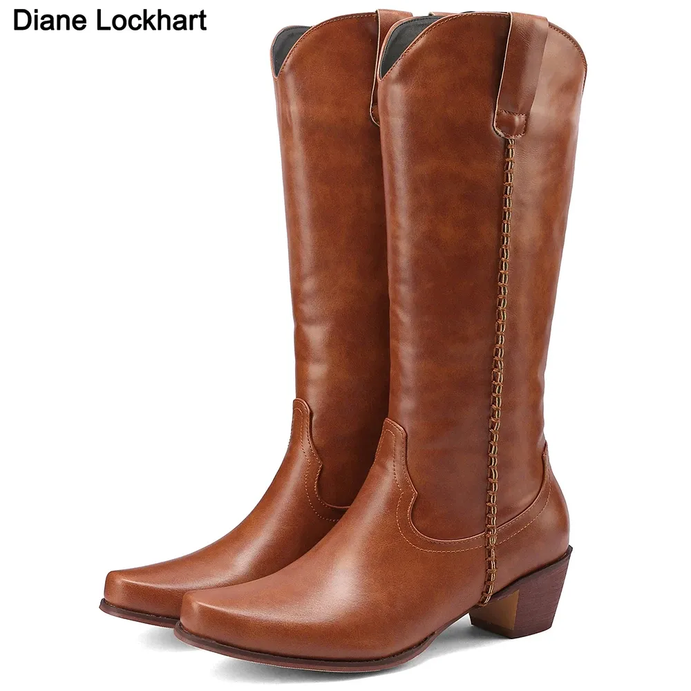 Laarzen dikke hiel knie high laarzen vrouwen lente herfst lederen schoenen dames westerse cowboy boots Britse stijl puntige teen lange laars