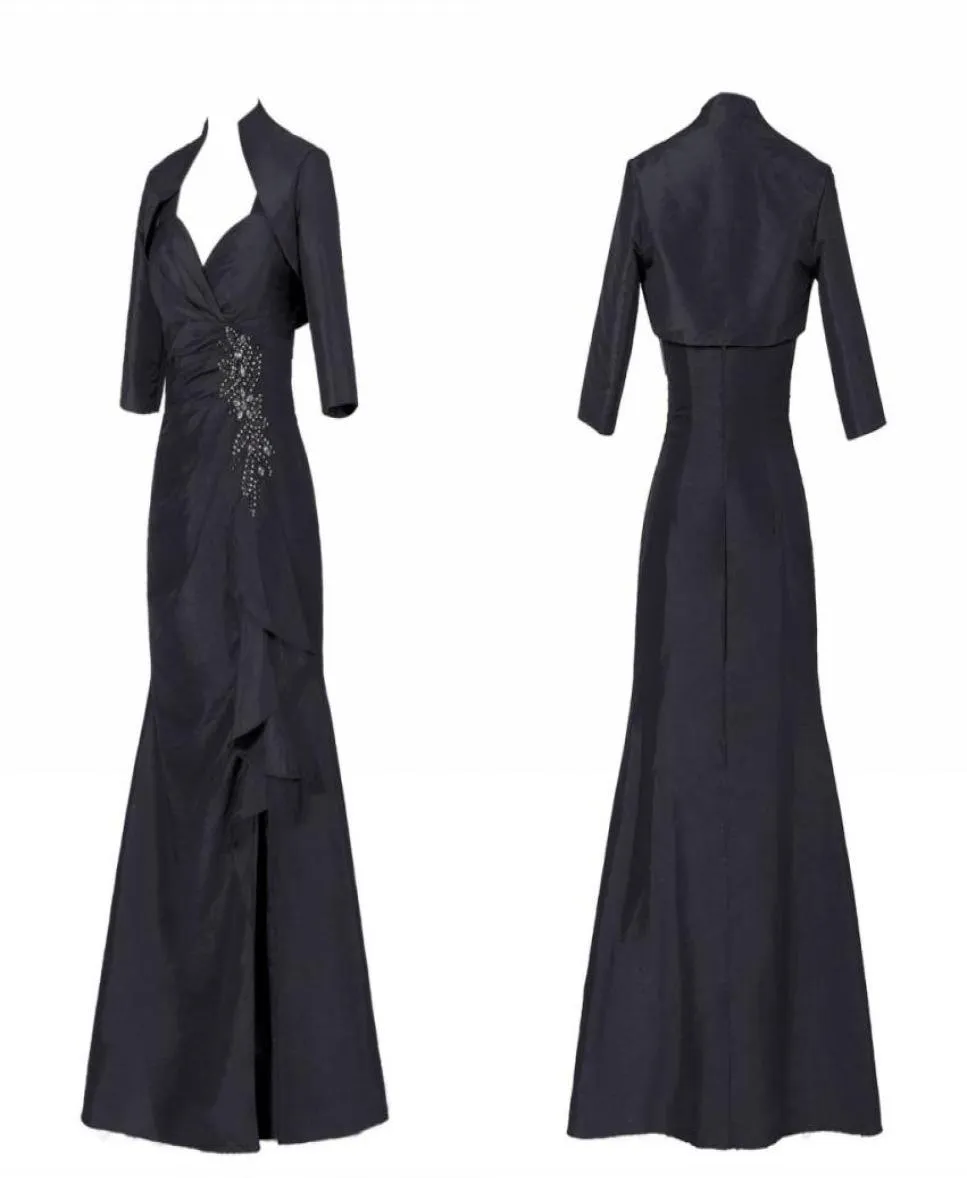 Sexy noir mère de la mariée marié costume robes avec veste sirène côté fendu taffetas sequin perlé plissé grande taille soirée G4523992