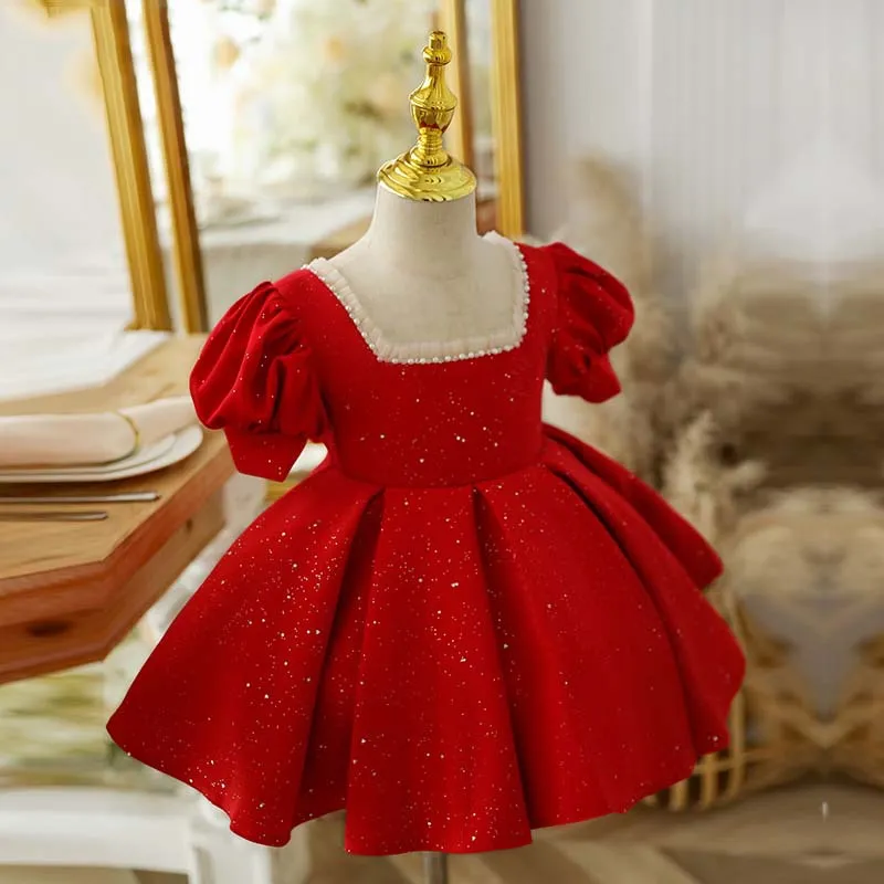 Sweet Red Square Flower Girl Dresses Girl's Birthday Dresses Girls Party Skirt Girl Everyday dress Kids' Party Wear SZ 2-12 D321088