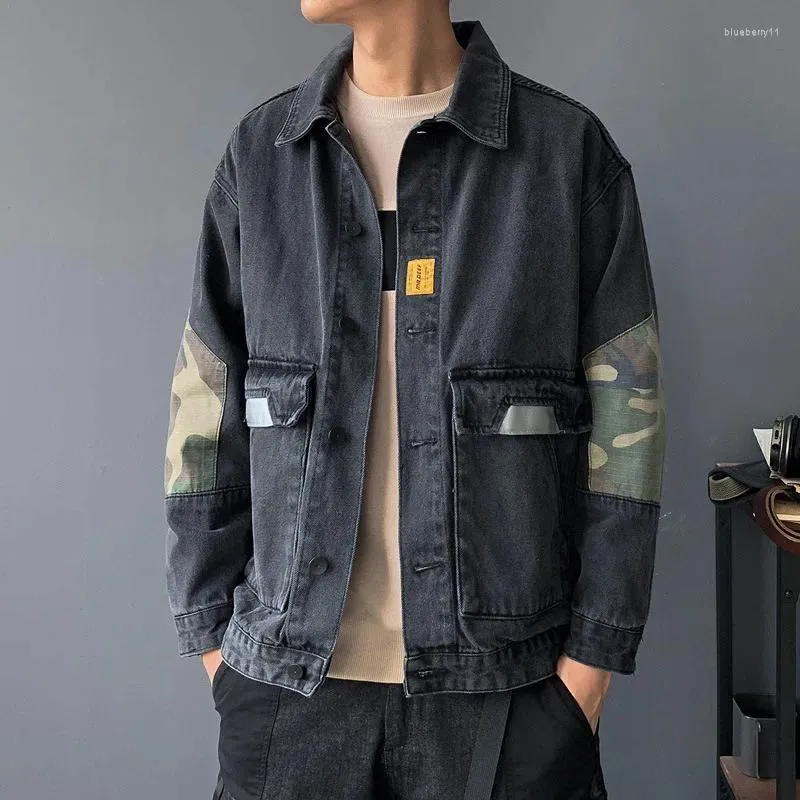 Giacche da uomo Estate Autunno Uomo Denim Patchwork coreano Streetwear Giacca da jeans per il tempo libero Cappotto jeans moda manica lunga con risvolto blu nero