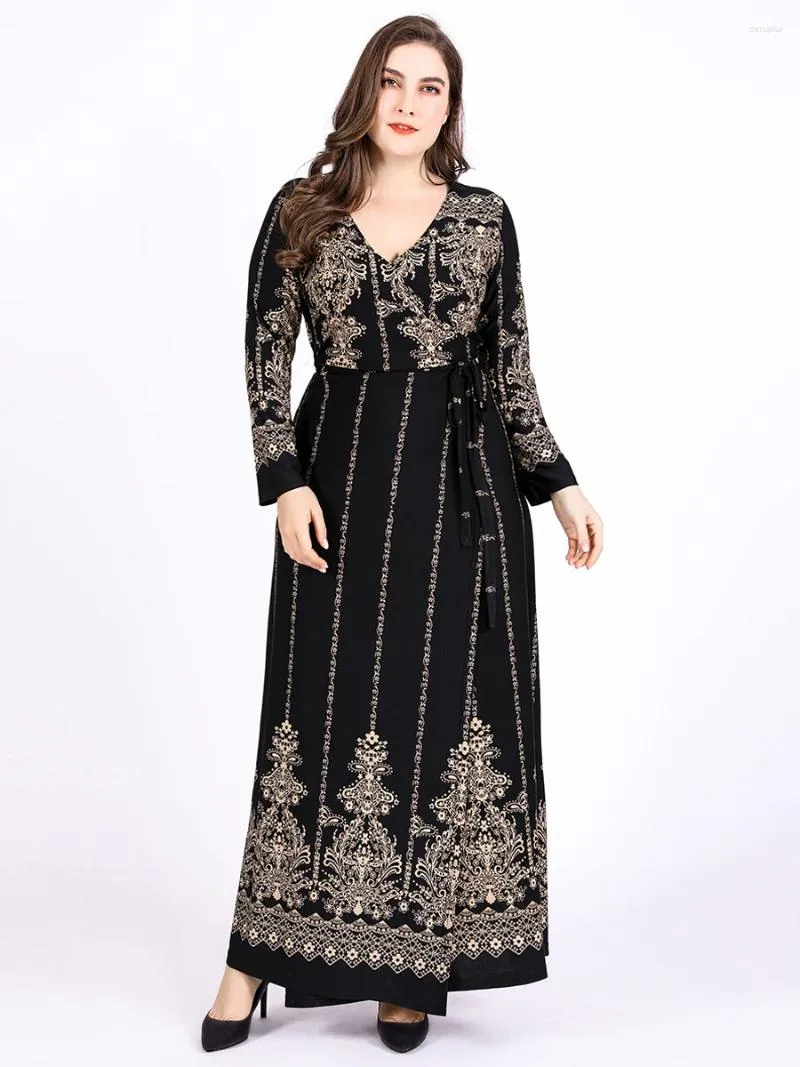 Plus size vestidos 2024 outono inverno envoltório vestido mulher manga longa impressão retro maxi dubai abaya muçulmano roupas islâmicas